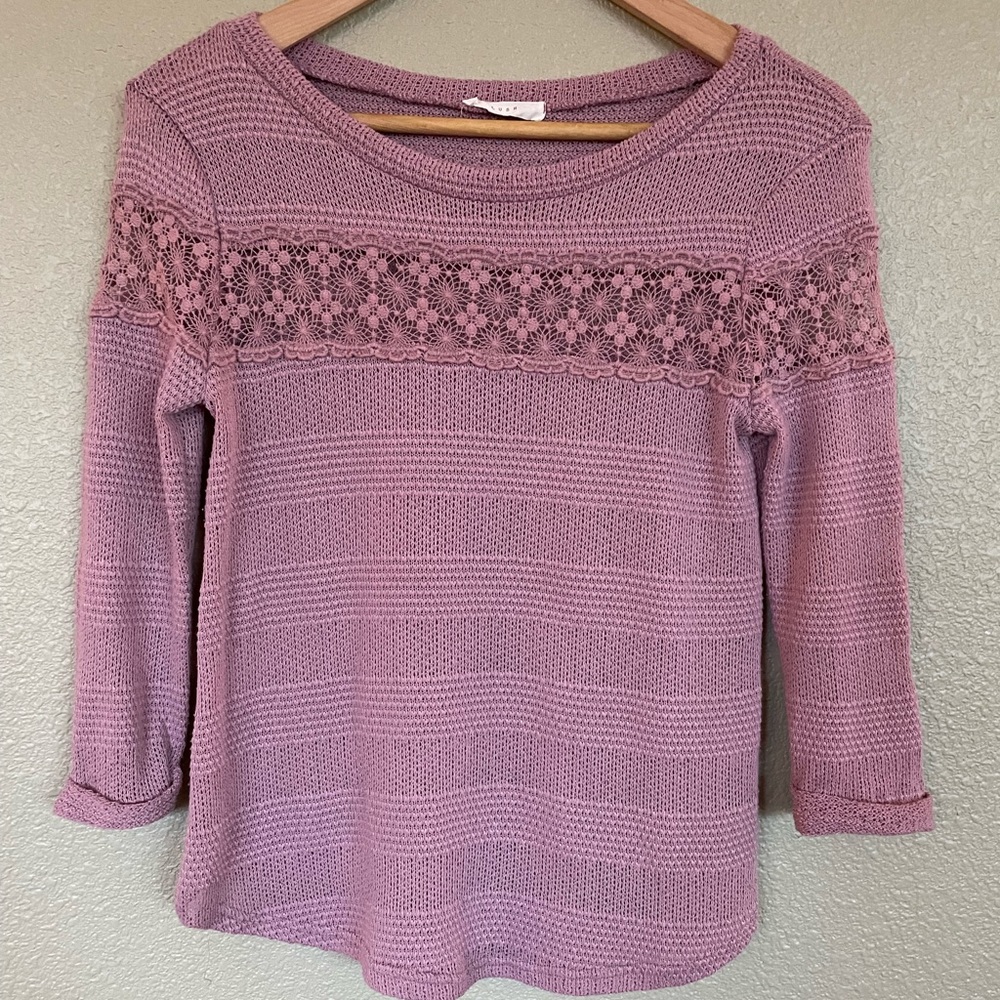 Lush dusty pink 3/4 sleeve top with lace across front.